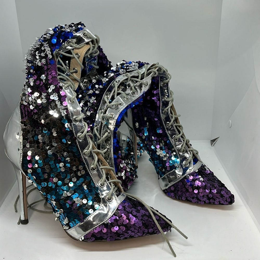 Shoe Dazzle Sequined Lace-Up Heeled Boots in Purple, Blue, Silver